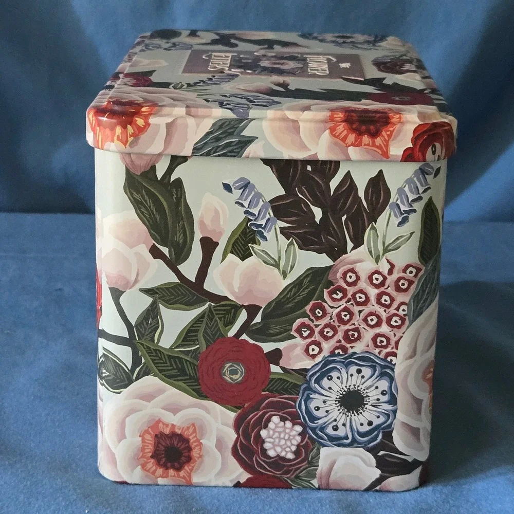 The Flower Letter Floral Botanical Decorative Storage Tin Box Sage Green Vintage